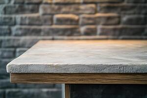 Close-up of a textured tabletop against a stone wall. photo