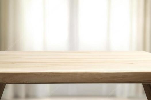 A minimalist wooden table with soft background lighting. photo
