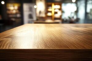 Close-up of a polished wooden table surface. photo
