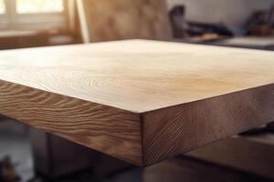 Close-up of a polished wooden tabletop. photo
