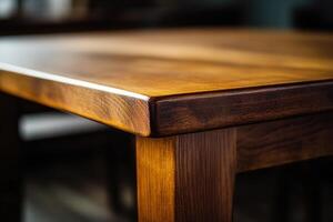 Close-up of a wooden table corner highlighting craftsmanship. photo