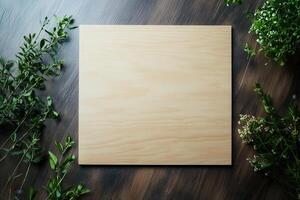 A wooden surface surrounded by fresh greenery. photo