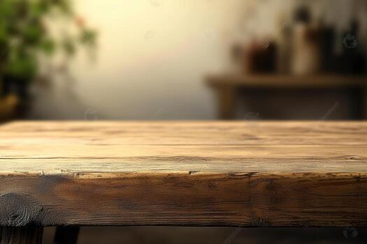 Blurred background of a wooden table in a cozy setting. photo