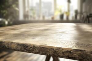 Close-up of a rustic wooden table in a bright space. photo