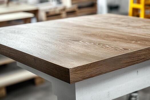 Close-up of a wooden table surface in a workshop. photo