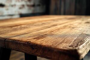 Close-up of a rustic wooden table surface. photo