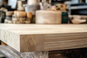 Close-up of a wooden table surface in a workshop setting. photo
