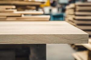 Close-up of a smooth wooden surface in a workshop. photo