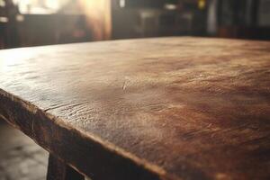 Close-up of a textured wooden table surface. photo