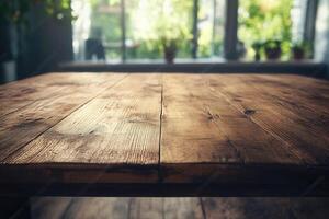 Close-up of a wooden table in a bright, plant-filled room. photo