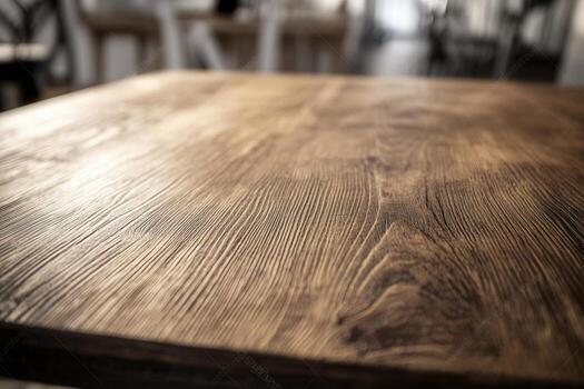 Close-up of a wooden table surface in a bright setting. photo
