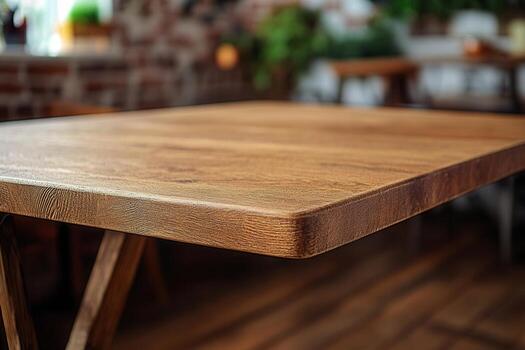 Close-up of a wooden table in a cozy setting. photo