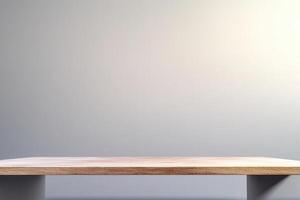 Simple wooden table against a neutral background. photo