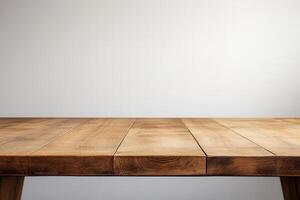 Wooden table with a plain background for versatile use. photo