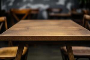 Wooden table in a cozy dining space. photo