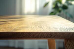 Close-up of a wooden table with natural light. photo