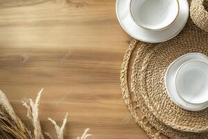 Elegant table setting with woven placemats and dishware. photo