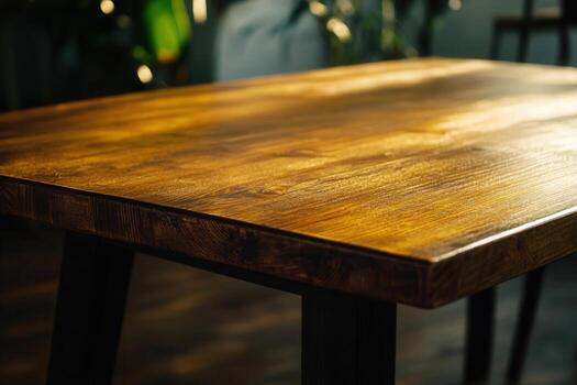 Close-up of a wooden table surface with natural light. photo