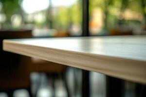 Close-up of a wooden table with a blurred background. photo