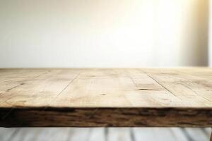 Wooden table with soft lighting for presentations. photo