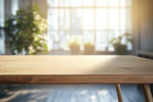 Sunlit wooden table in a bright, plant-filled room. photo