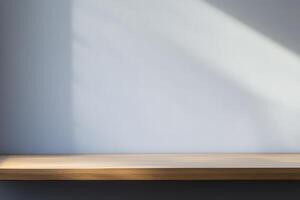 Minimalist shelf with soft light on a blue wall. photo