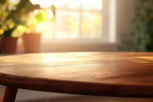 Wooden table with soft lighting and plants in the background. photo