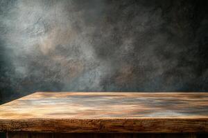 Wooden tabletop with textured background for presentations. photo