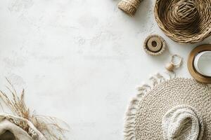 Natural decor items arranged on a light surface. photo