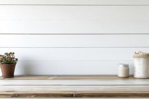 Minimalistic shelf with plants and decorative items. photo
