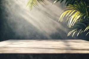 Sunlit table with tropical foliage backdrop. photo