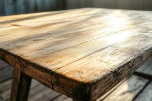 Sunlit wooden table with a rustic finish. photo