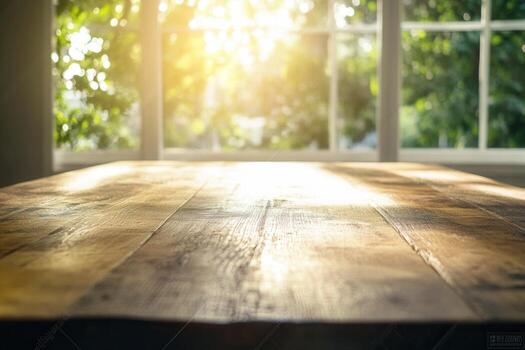 Sunlit wooden table with a view of greenery outside. photo