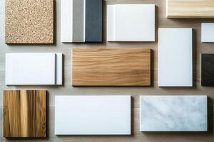 Various material samples for design and decor purposes. photo