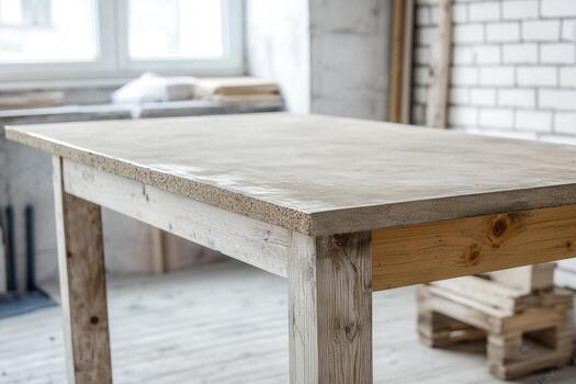 Wooden table in a workshop with natural light. photo