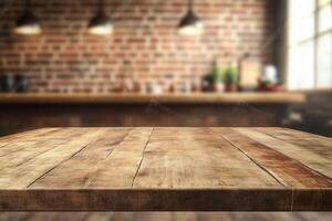 Wooden table with a blurred brick background. photo