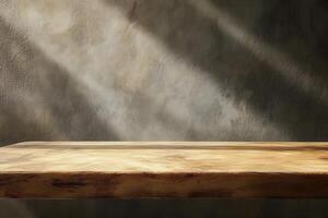 Wooden table with textured background and soft lighting. photo