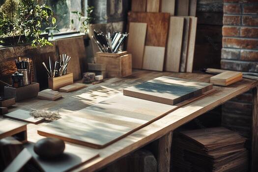 Workshop with wooden materials and tools for crafting. photo