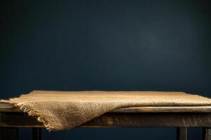 Rustic table with burlap cloth against a dark background. photo