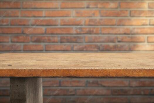 Rustic wooden table against a brick wall backdrop. photo