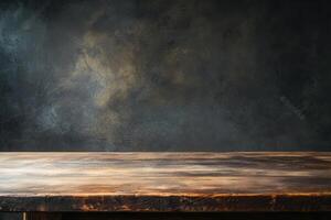 Rustic wooden table against a textured dark background. photo