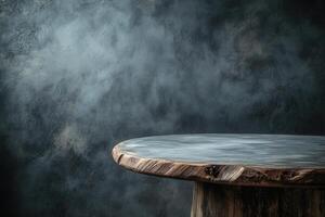 Rustic wooden table against a textured dark background. photo