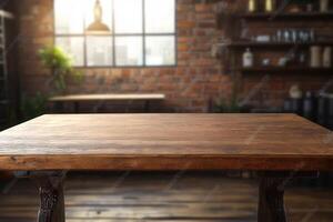 Rustic wooden table in a cozy, well-lit interior. photo