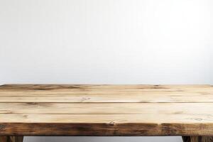 Wooden table against a plain white background. photo