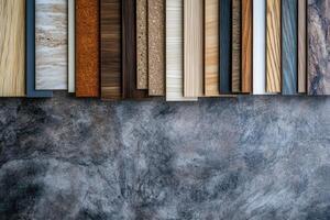 Various wood and surface samples on a textured background. photo