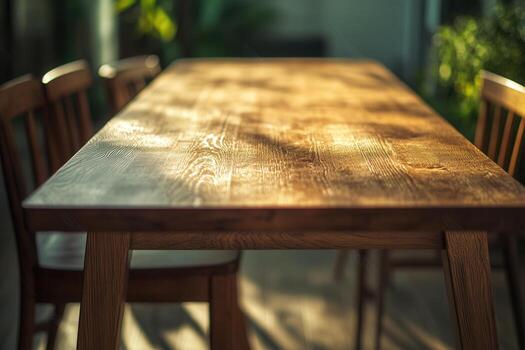 Wooden table with chairs in a sunlit setting. photo