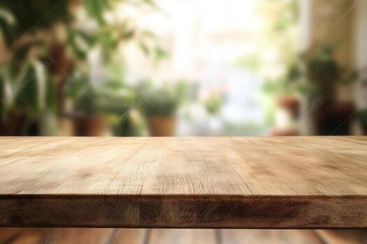 Wooden tabletop with a blurred green background. photo