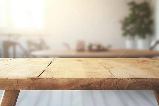 Wooden table in a softly lit interior setting. photo