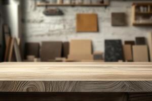 Wooden tabletop in a workshop with various materials. photo