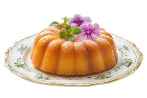 A round, light-orange bundt cake, topped with delicate purple flowers and fresh mint leaves, sits on a decorative plate. photo